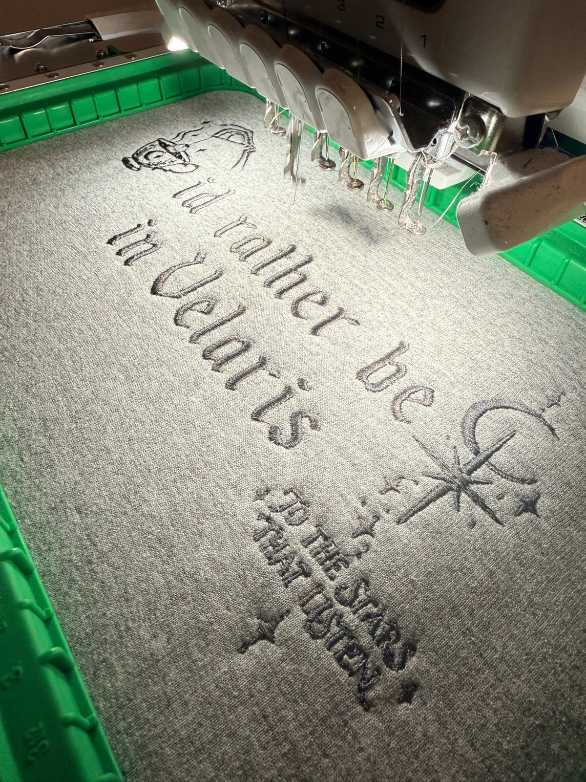 I'd rather be in Velaris embroidered grey sweatshirt stitching out
