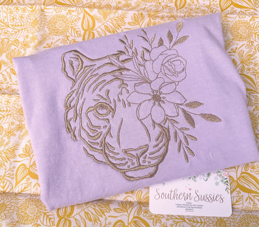 Metallic Gold Floral Embroidered Tiger Tee